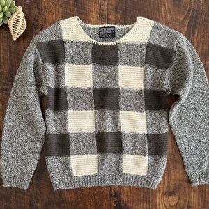 Kitty Hawk | 80s Brown & Cream Cabincore Buffalo Plaid Crewneck Sweater, Size S